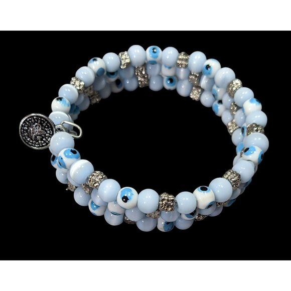Bohemian Evil Eye Light Blue Glass And Silver Tone Beaded Coil Bracelet - Picture 1 of 6
